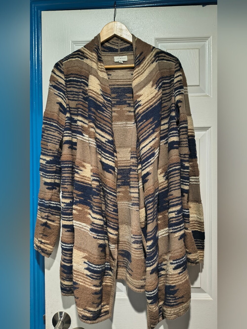 Lucky Brand Open-Front Southweatern Cardigan in Brown, Navy & Cream